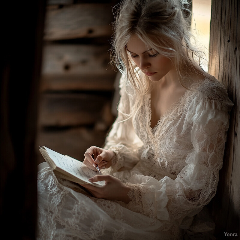 A woman sits in front of a wooden wall, engrossed in writing.