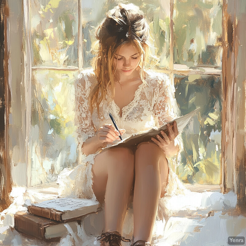 A woman sits by a window, writing in a notebook and surrounded by books.