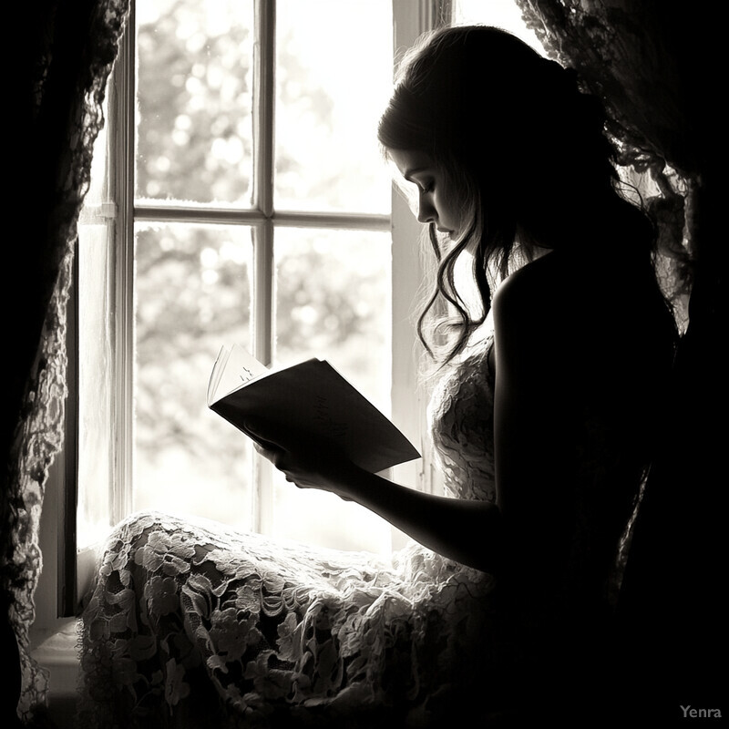 A woman sits by a window, engrossed in reading a book.