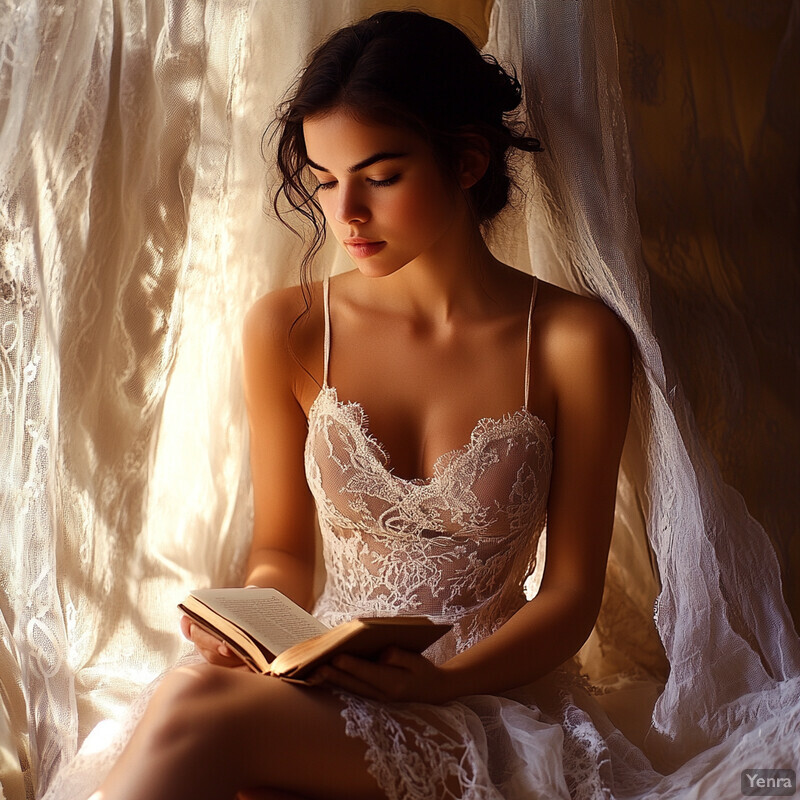 A woman sitting by a window, reading a book