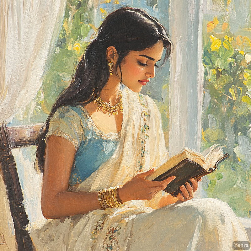 An Indian woman sits by a window, reading a book.