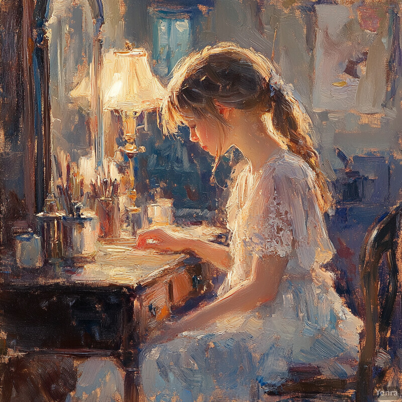 A young girl sits at a desk, surrounded by objects and tools, lost in thought while working on her craft.