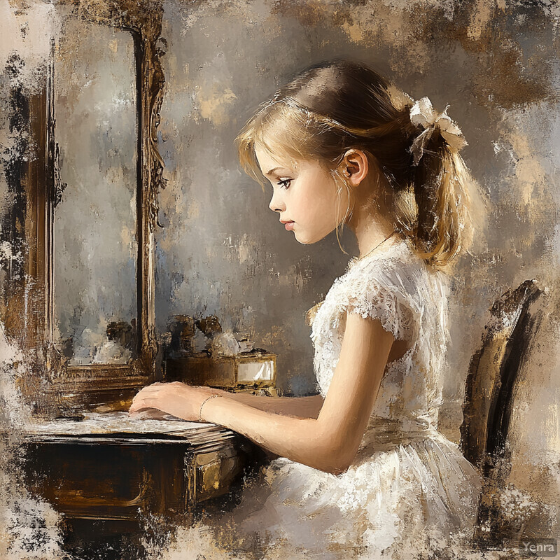 A young girl sits at a desk, intently focused on her work.