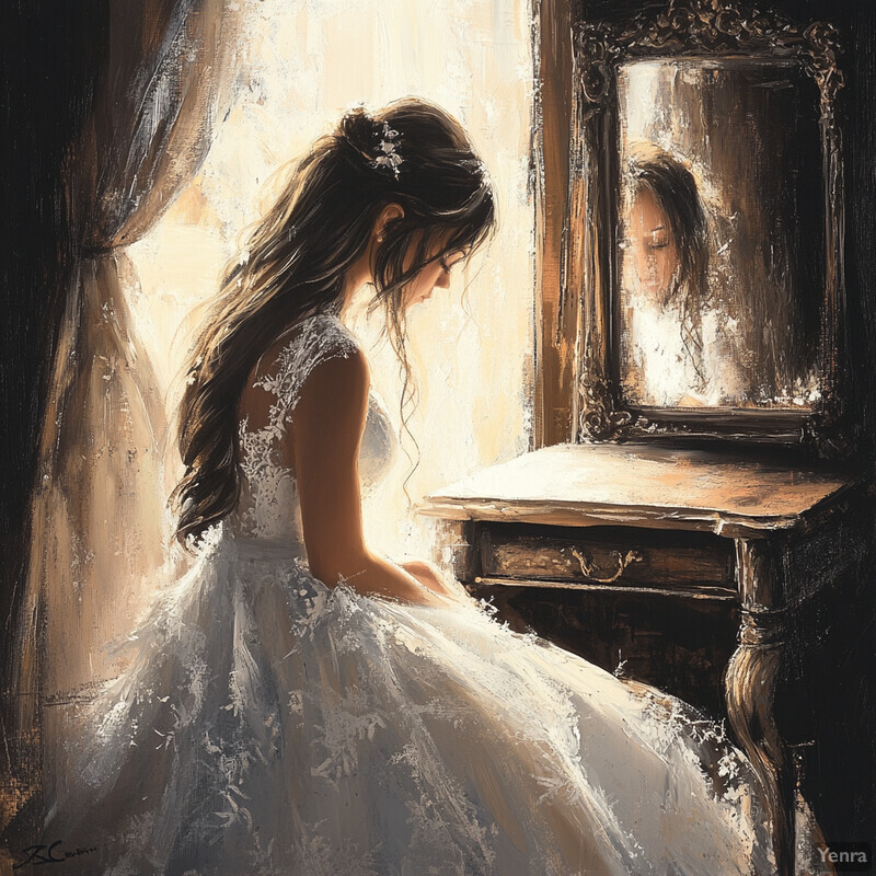 A woman in a white wedding gown sits at a vanity, gazing into an ornate mirror.