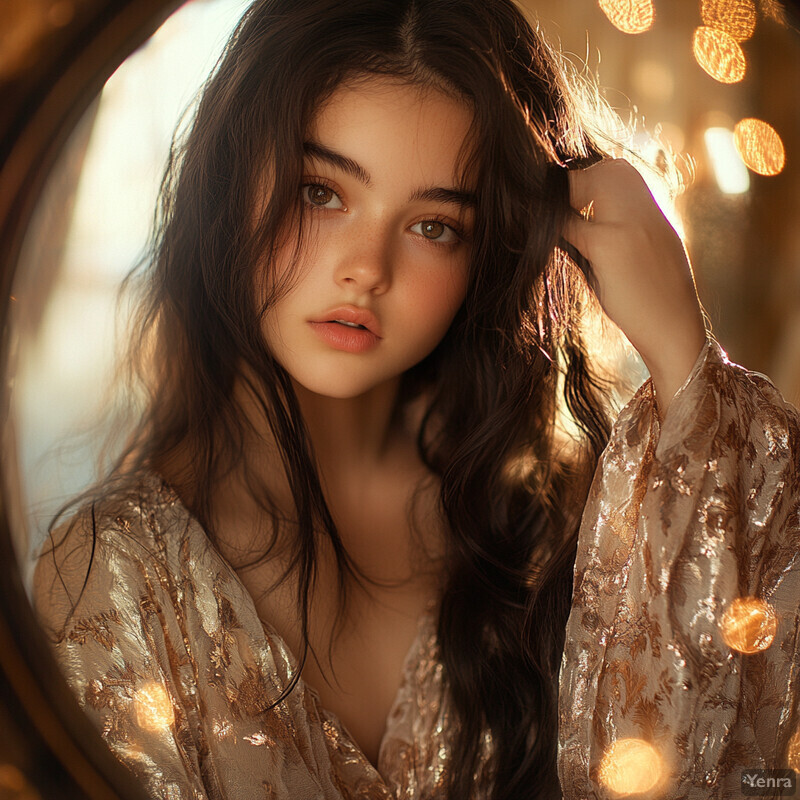 A woman with long brown hair and a gold-colored blouse stands in front of a circular object, possibly a mirror or window, in a room with white walls and a wooden floor.