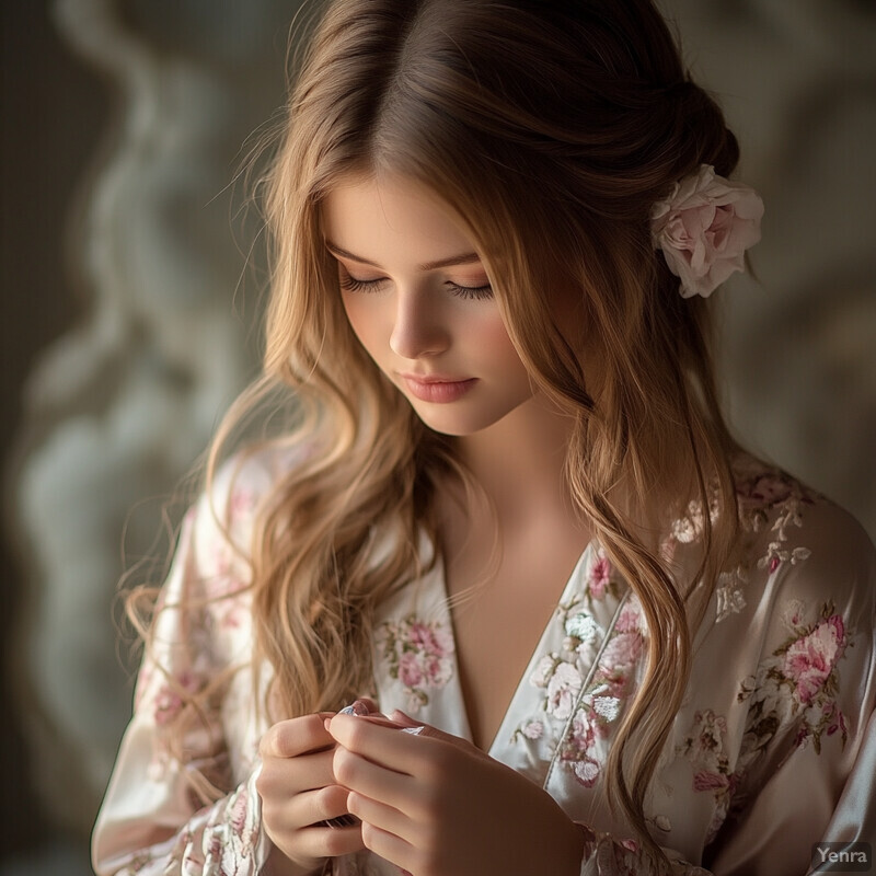 A young girl gazes at her reflection in a mirror, surrounded by soft lighting and delicate details.