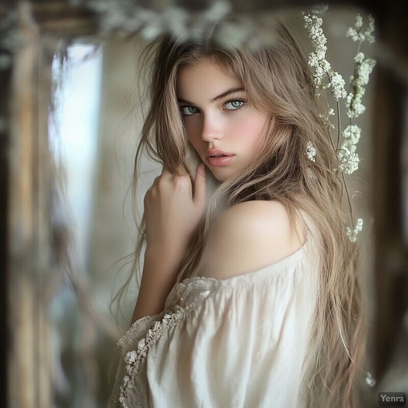 A young girl with blue eyes and long brown hair poses in a white dress or top, captured indoors in a studio setting.