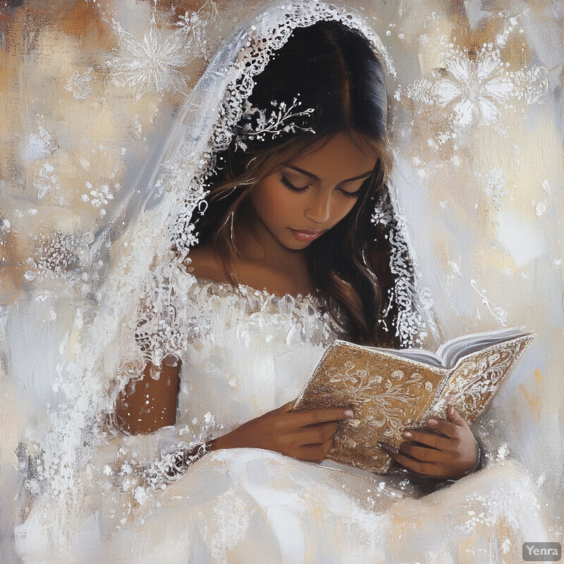 A young girl in white dress and veil reads an illustrated book against a soft-colored background.