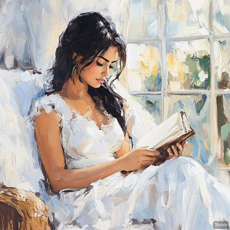 A woman reading a book with an aura of soft reverence