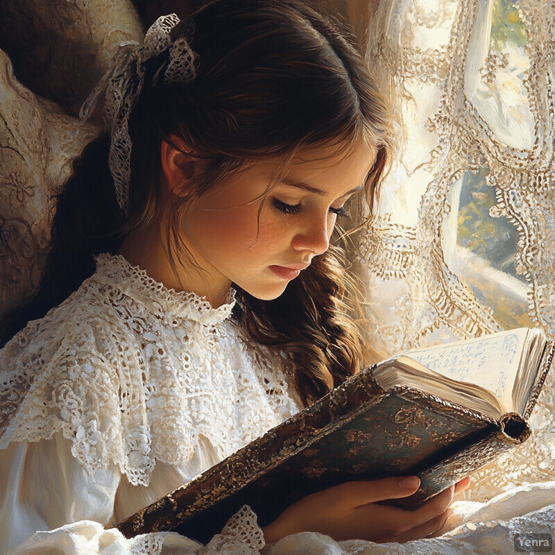 A young girl reads an antique book by a window