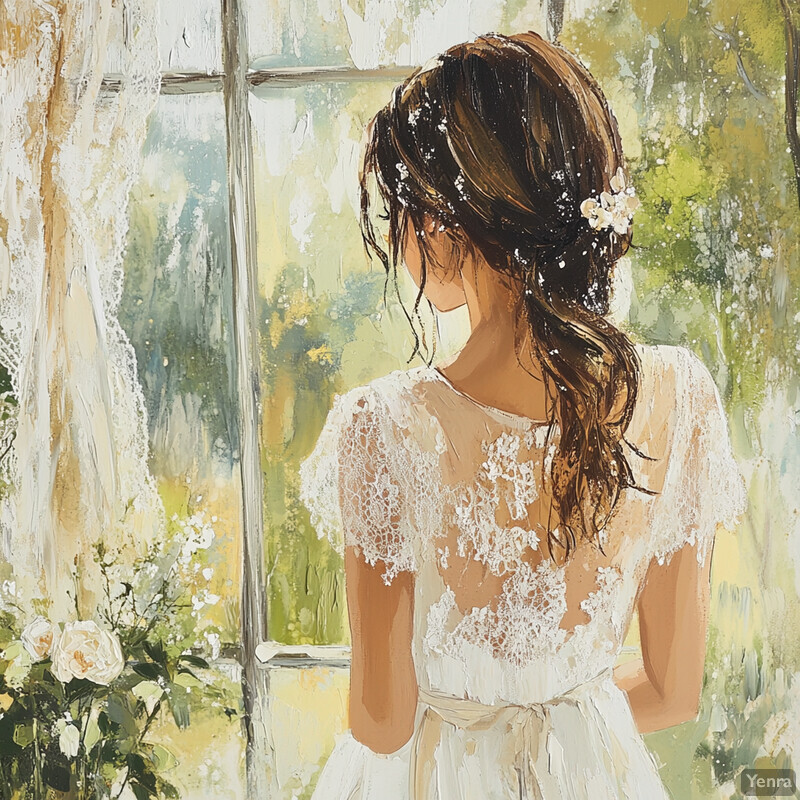 A woman in a white wedding dress stands by a window, gazing out at the lush greenery outside.