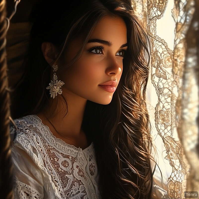 A serene and elegant scene of a woman in front of a window with lace curtains