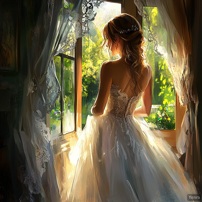 A serene and romantic scene captures the bride-to-be standing by an open window, gazing out at the lush greenery outside.