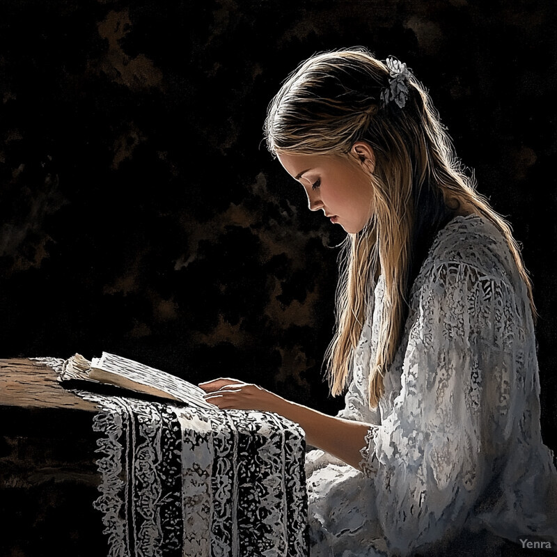 A woman reads a book at a table with a black lace tablecloth, set against a dimly lit room.