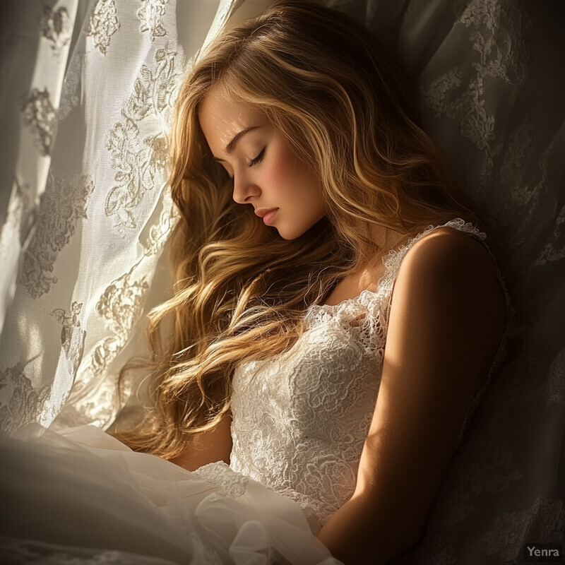 A woman in a white wedding dress reclines against an unseen surface, exuding calmness and tranquility.