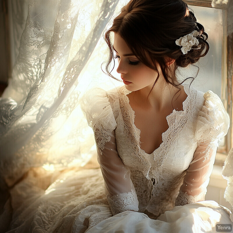 A woman in a white wedding dress stands against a soft gray background