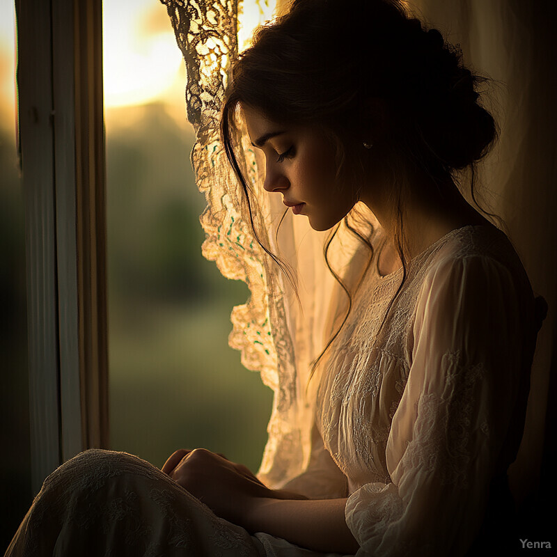 A woman sits by a window, surrounded by soft lighting and delicate lace curtains, lost in thought as she gazes out at the morning sun.