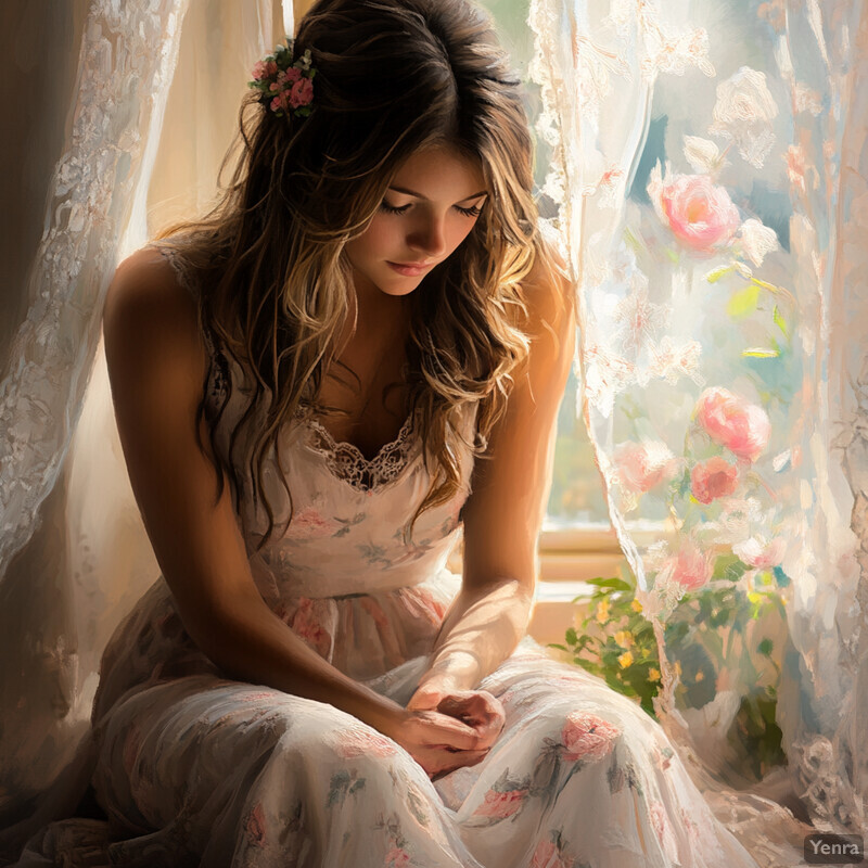 A woman sits by a window, surrounded by soft pastel colors and floral patterns, exuding calmness and contemplation.