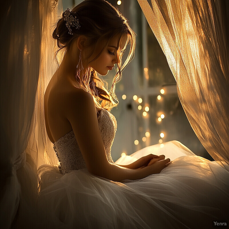 A serene and intimate moment of a woman sitting on a bed or couch, surrounded by soft lighting.