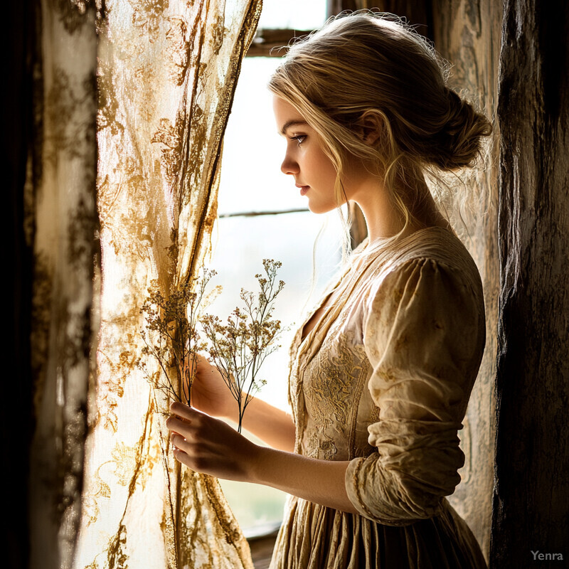 A woman stands in front of a window, gazing out at the view while holding a bouquet of flowers.