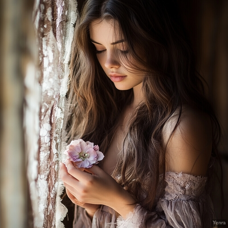 A young woman stands by a window, gazing out at the view, exuding calmness and tranquility.