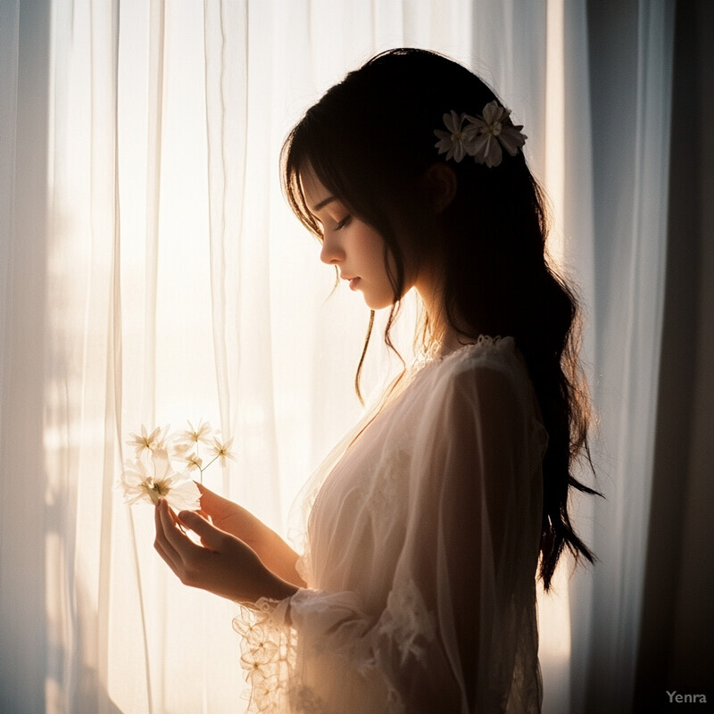 A serene and elegant woman stands in front of a window with white curtains, holding a small bouquet of white flowers.