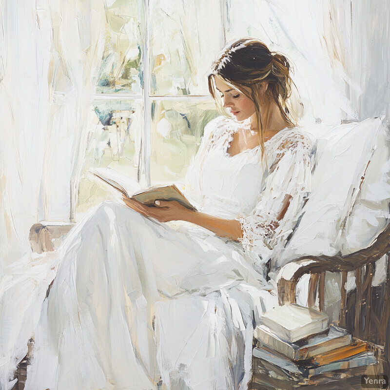 A woman sitting in a chair by a window, engrossed in reading a book.