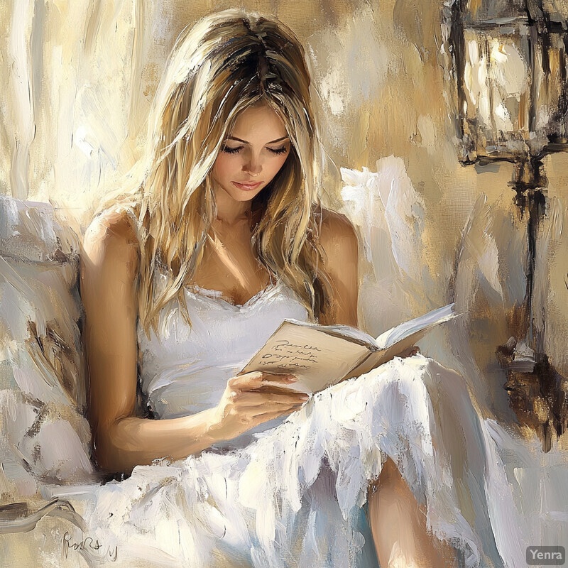 A woman in a white dress reads a book in a warm beige setting