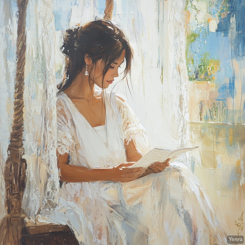 A serene painting of a woman reading in a white dress