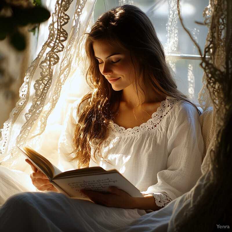 A young woman reads a book in a serene setting