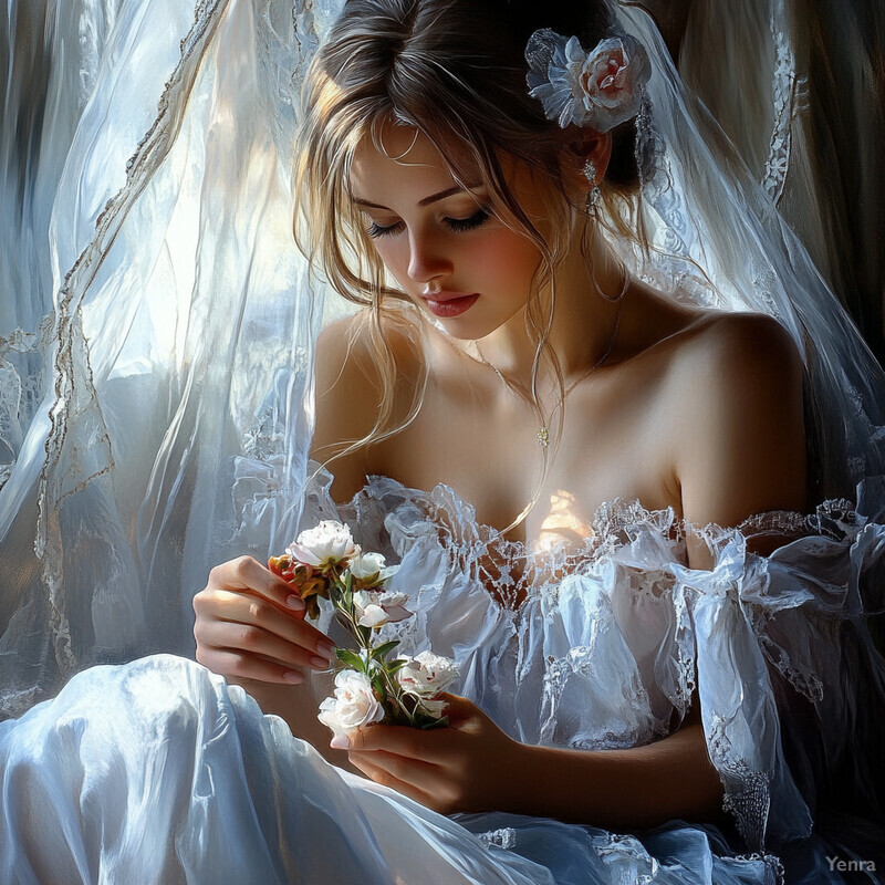 A young woman in a wedding dress surrounded by delicate flowers