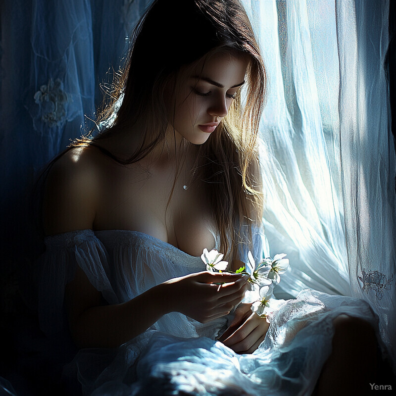 A young woman sits beside a window, examining white flowers in a soft light.