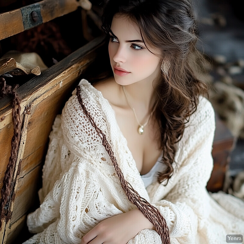 A young woman sits beside a wooden chest, exuding serenity in her off-white cardigan and white top.