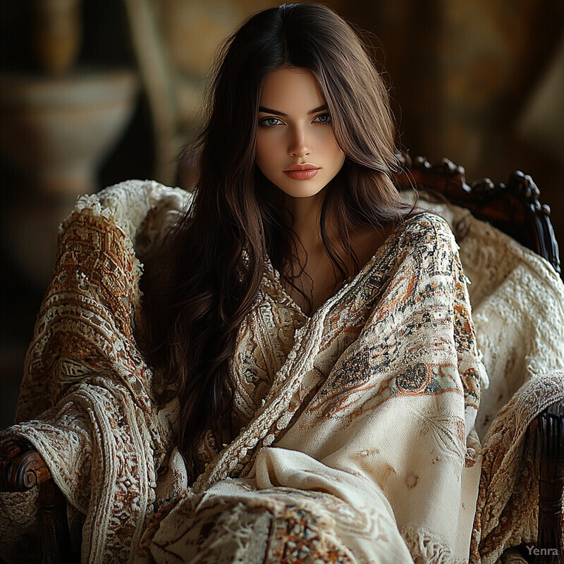 A serene portrait of a woman in a white dress sitting in an ornate chair