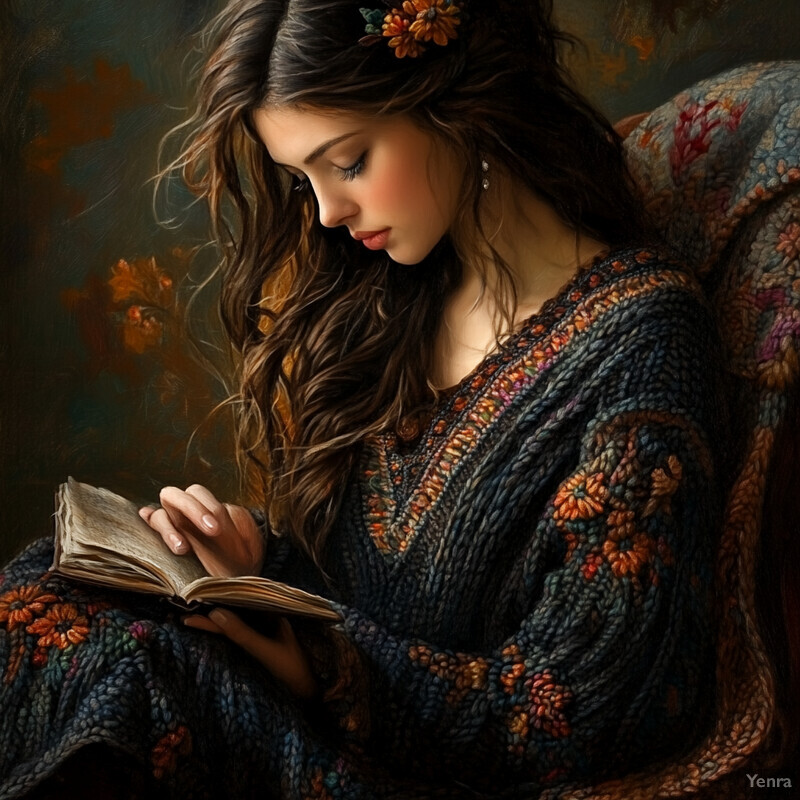 A serene painting of a woman engrossed in reading a book, conveying a sense of tranquility and contemplation.