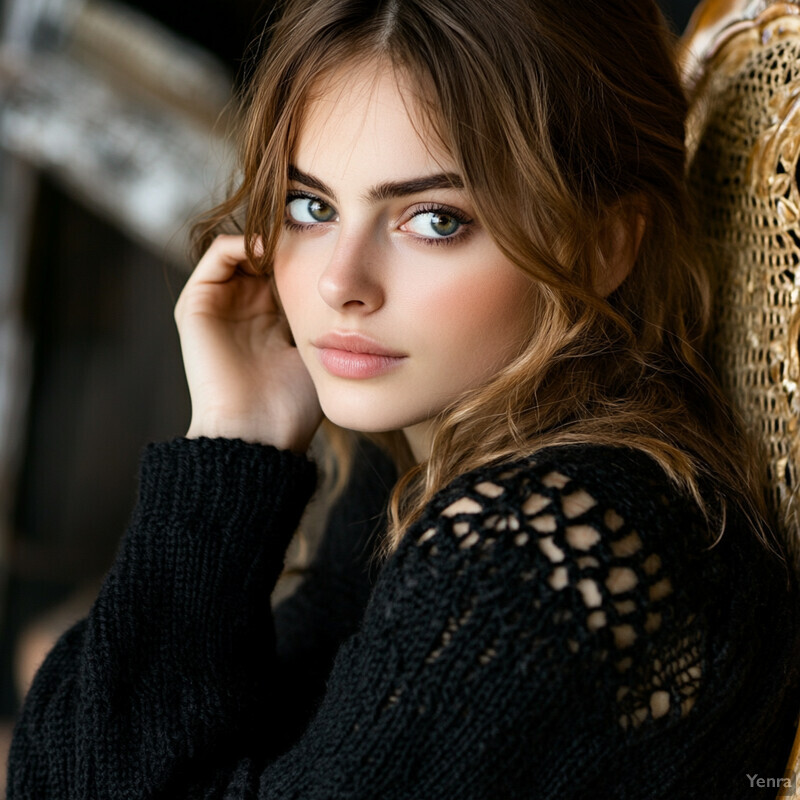 A young woman with green eyes and long brown hair poses for a photograph, wearing a black sweater with an intricate heart pattern on the shoulders.