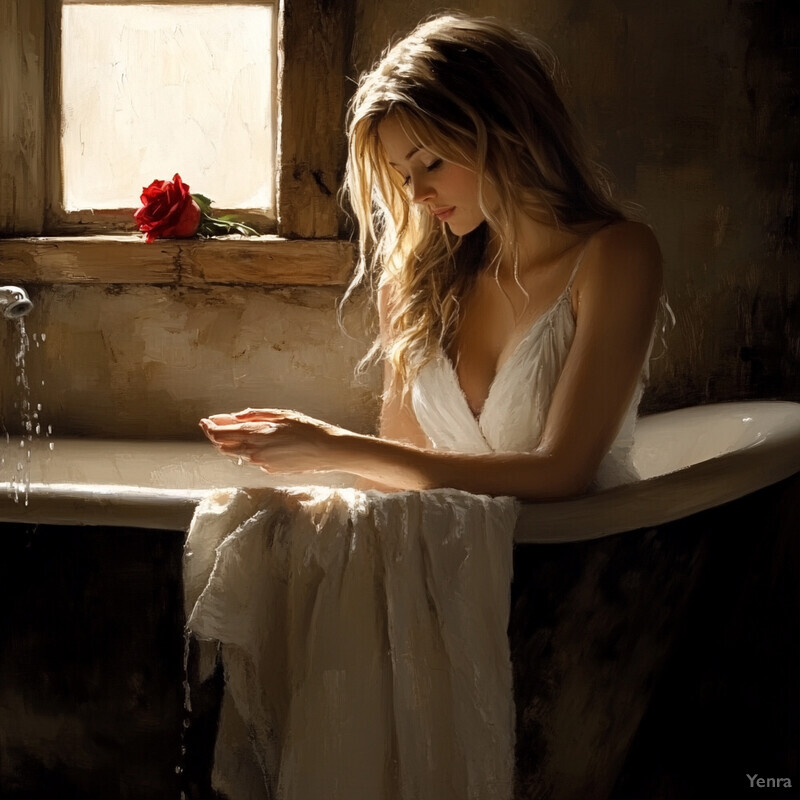 A woman sits in a bathtub, surrounded by soft lighting and subtle colors, with a red rose on the windowsill behind her.