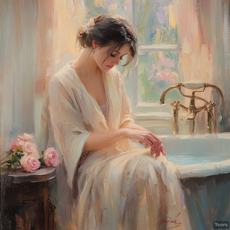 A serene painting of a woman sitting in front of a window, surrounded by soft pastel colors and delicate brushstrokes.