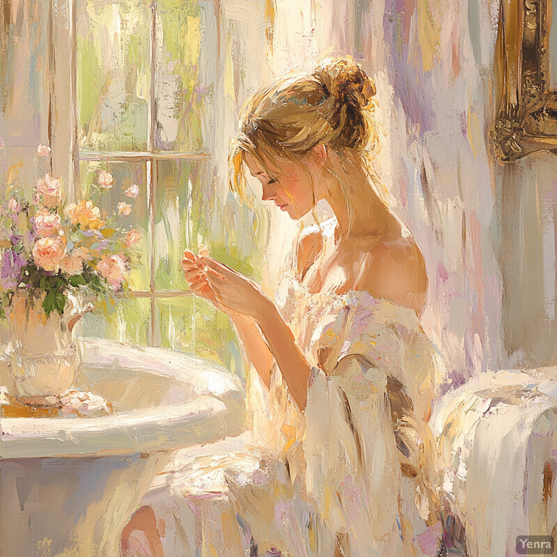 A serene painting of a woman sitting by a window, surrounded by soft pastel colors and delicate brushstrokes.