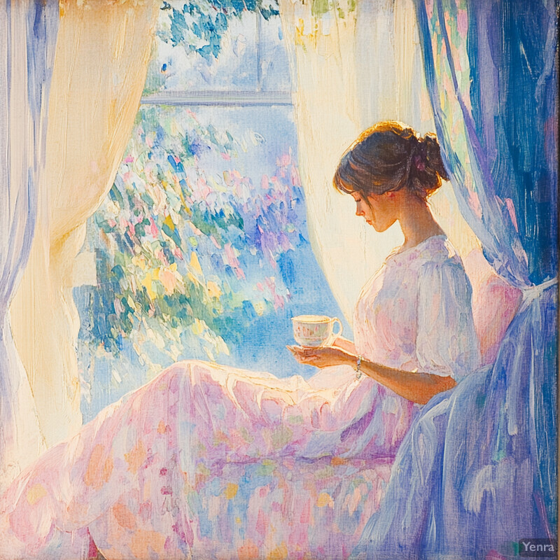 A woman sits by a window, lost in thought with a teacup, surrounded by a serene atmosphere.