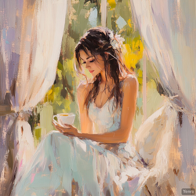 A serene painting of a woman on a swing surrounded by nature