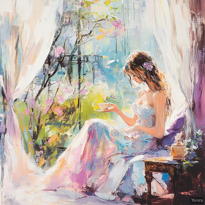 A woman sits by a window, lost in thought as she gazes at nature.