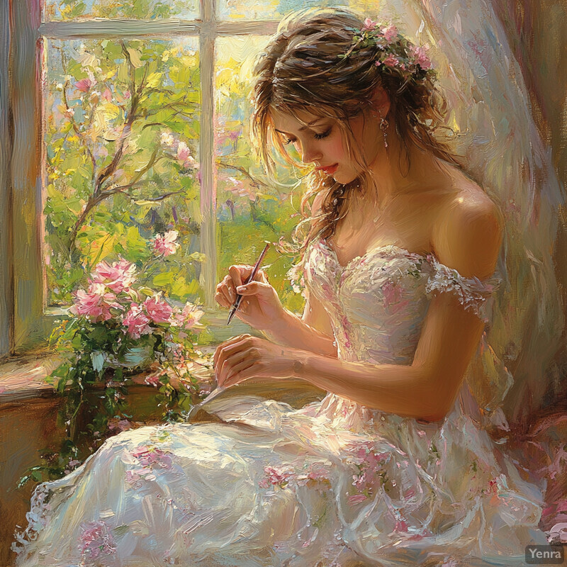 A serene and idyllic scene of a woman sitting by a window, surrounded by lush greenery and vibrant flowers.