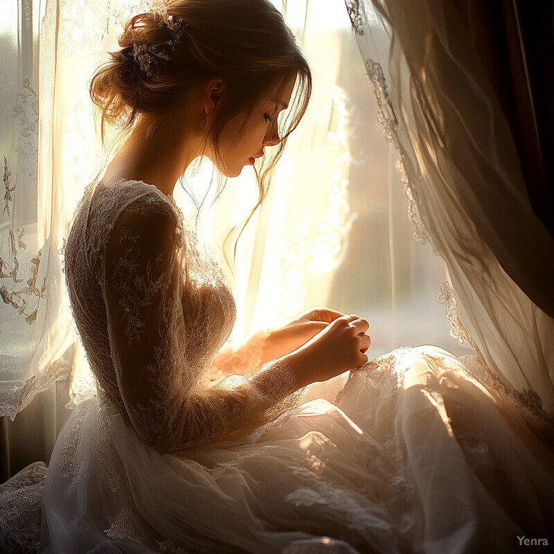 A young woman sits by a window, wearing a wedding dress and gazing downward.