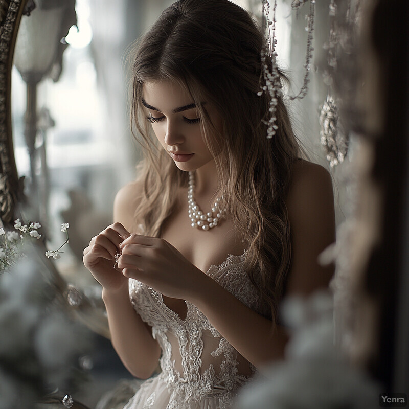 A woman in a wedding dress stands in front of a mirror, surrounded by an elegant atmosphere.