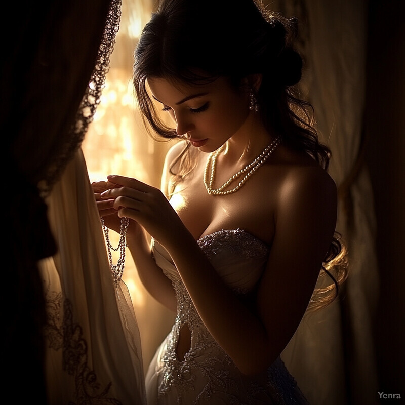 A woman in a white wedding dress, adorned with pearls and gazing downward, set against a warm golden light background.