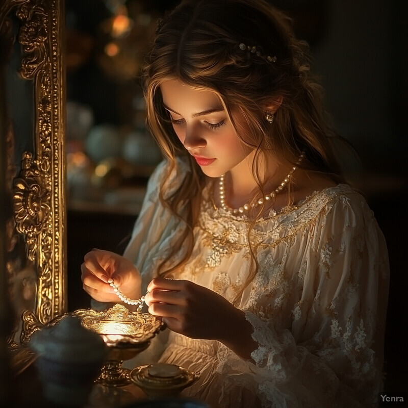 A young woman with long hair and an elegant white dress adjusts her pearl necklace in front of a mirror.