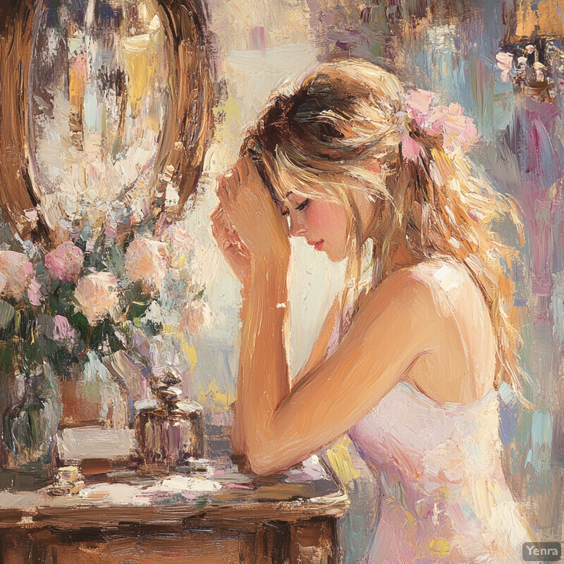 A serene and intimate scene of a woman preparing for the day ahead at a vanity.