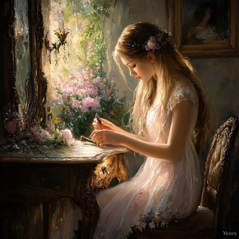 A young woman writes letters in a serene setting