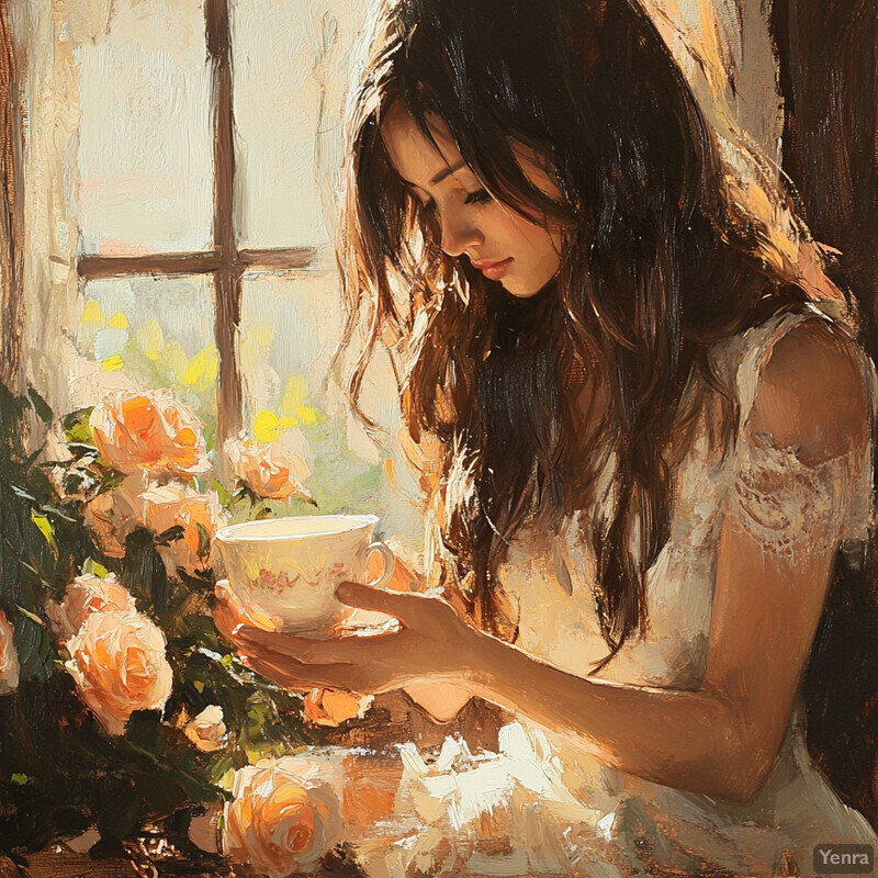 A woman enjoys tea by the window surrounded by roses